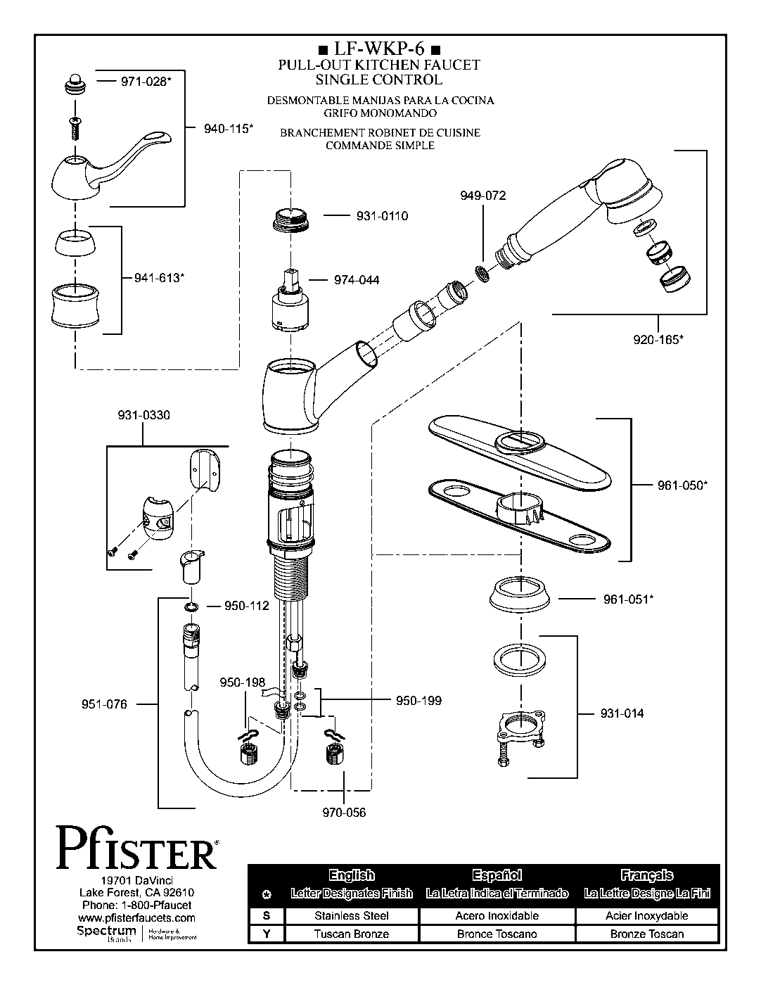 Wilmington 1-Handle Pull-Out Kitchen Faucet parts diagram