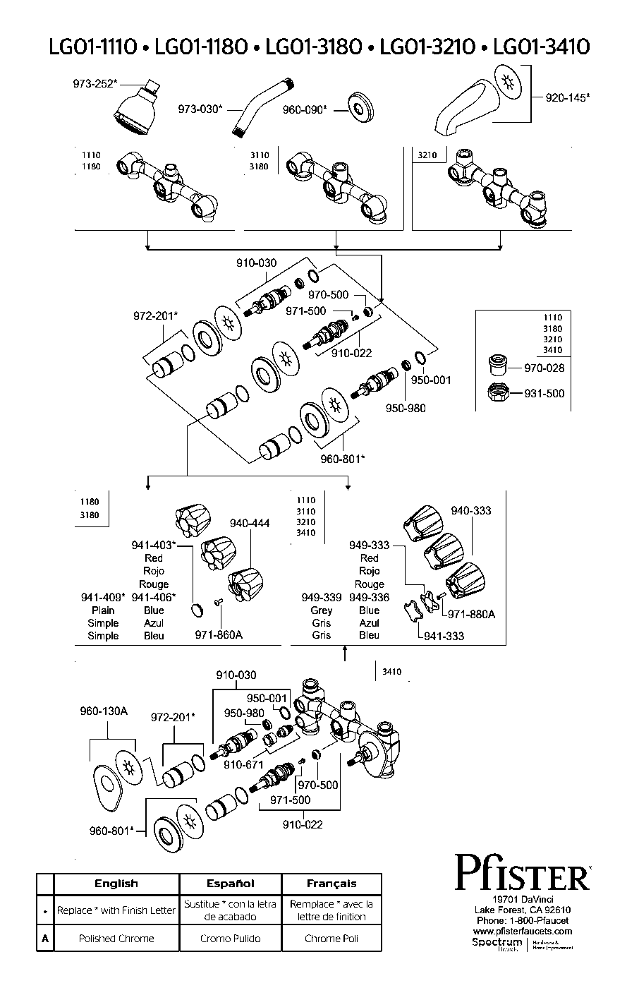 Pfister 3-Handle Tub & Shower Trim with Valve parts diagram