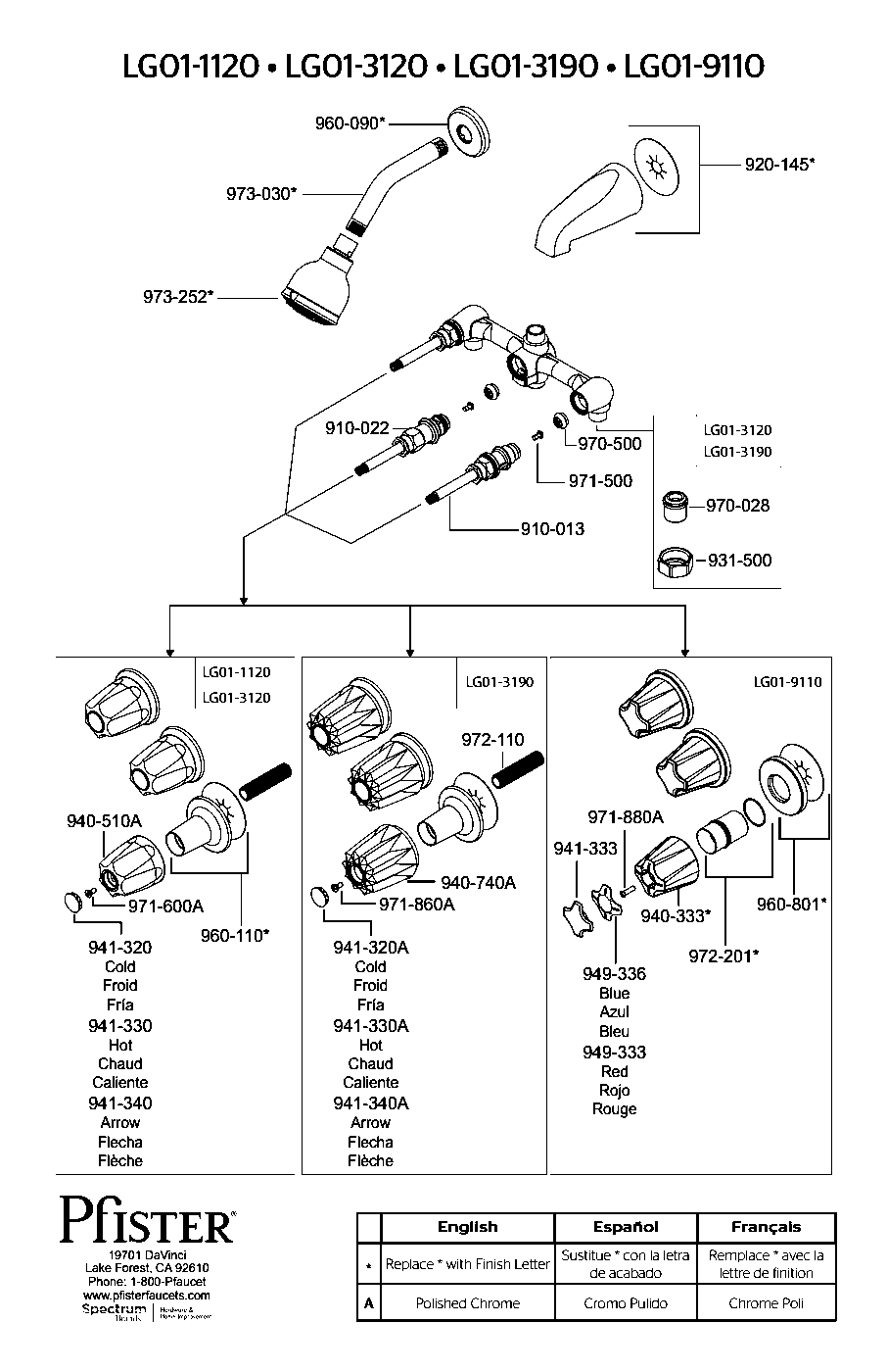 Pfister 3-Handle Tub & Shower Trim with Valve exploded parts diagram