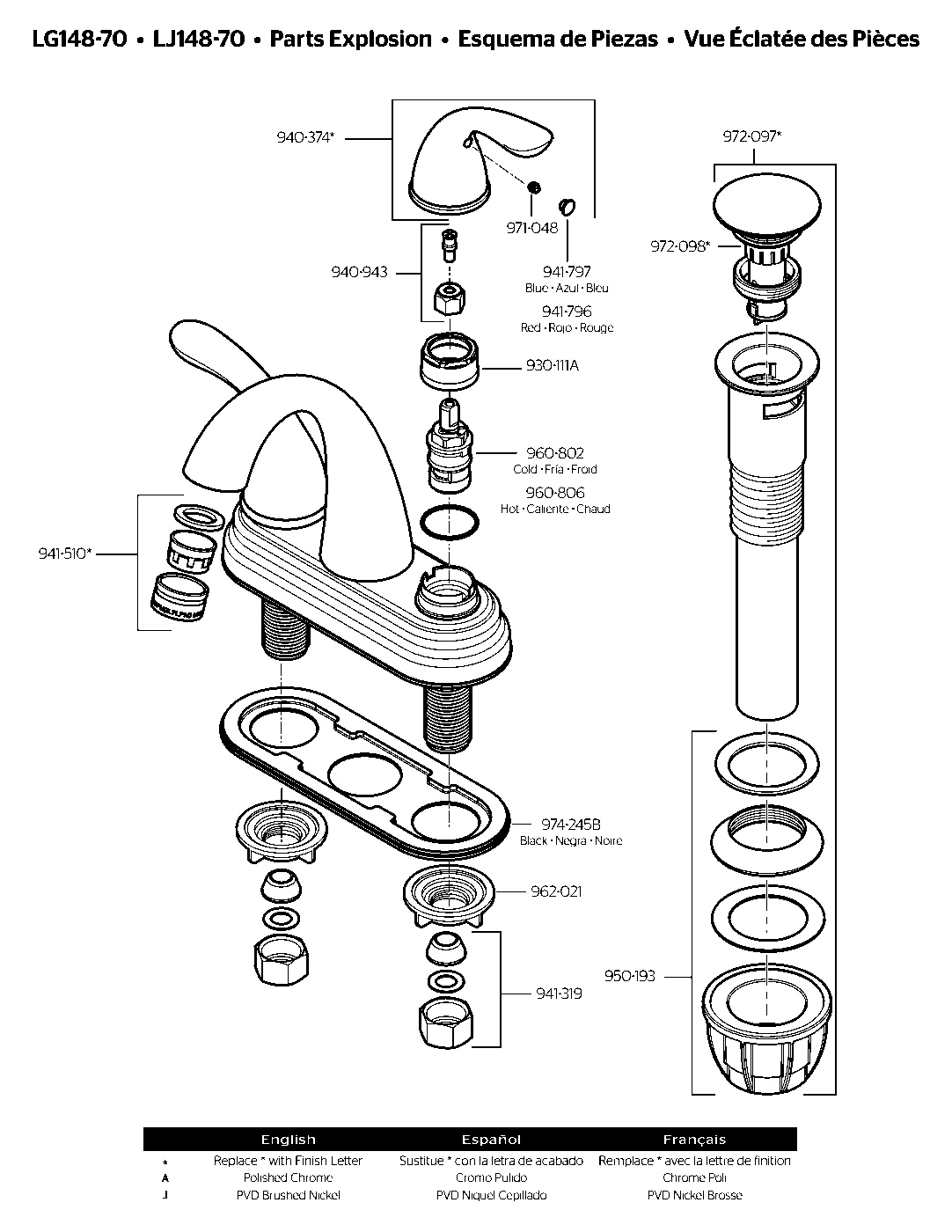 Pfirst Series 2-Handle 4" Centerset Bathroom Faucet exploded parts diagram
