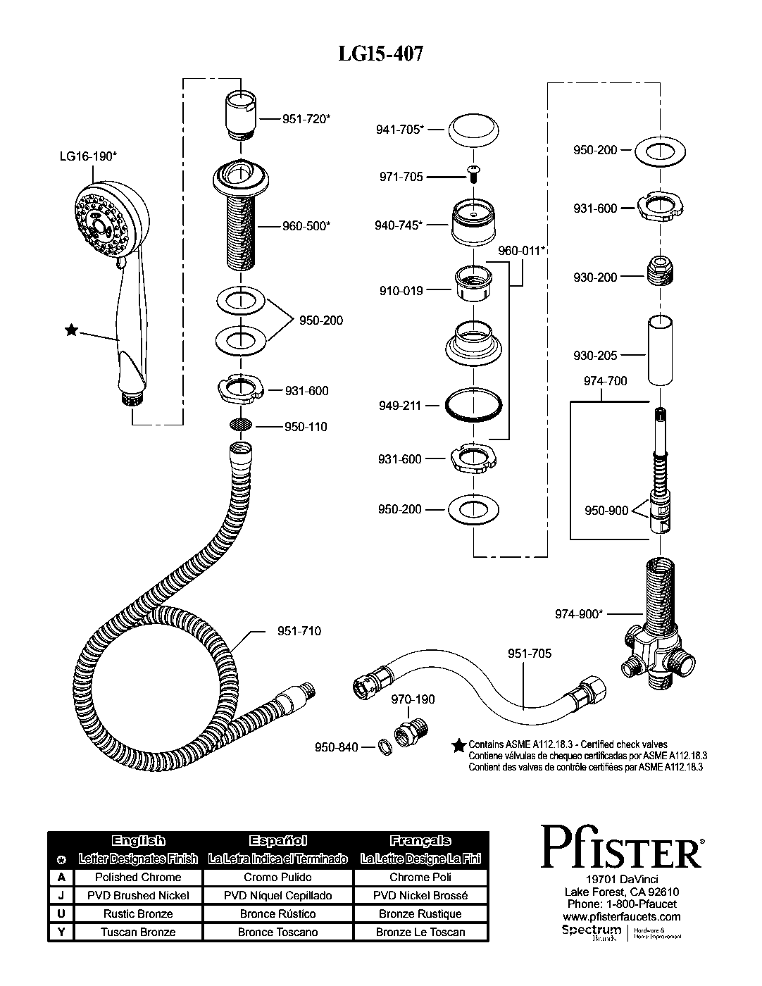 Pfister 2-Handle Roman Tub Trim Kit exploded parts diagram