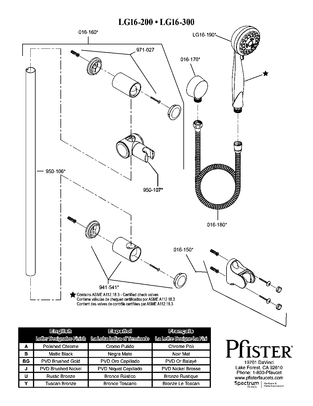 Pfister Handheld Shower Slide Bar Combo exploded parts diagram