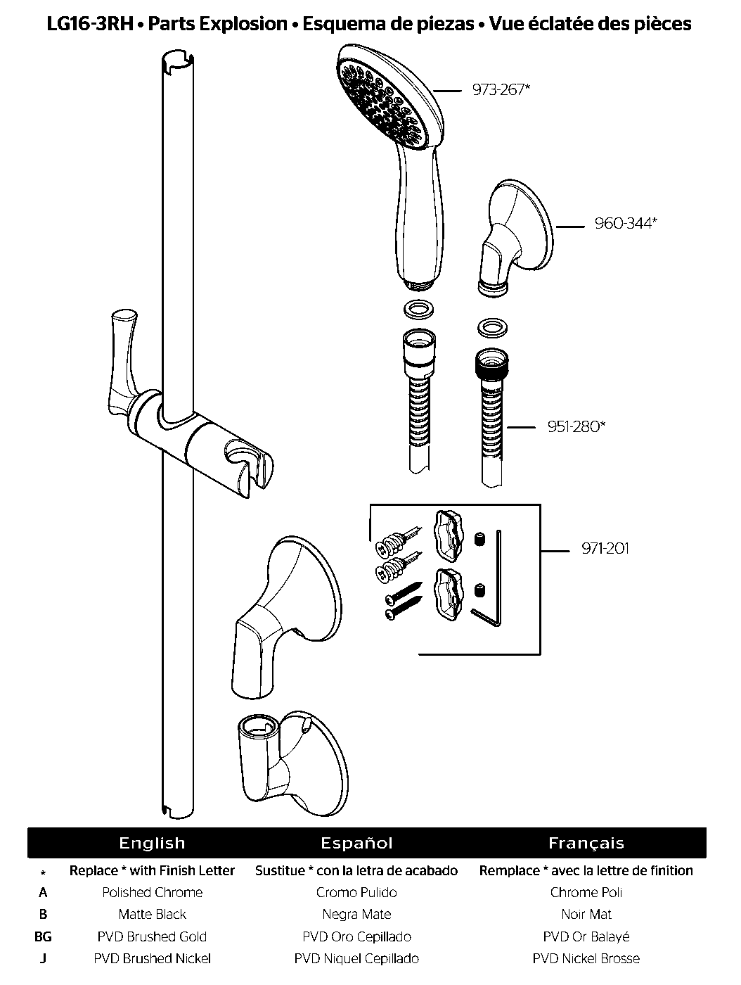 Rhen Hand Shower Slide Bar Combo exploded parts diagram