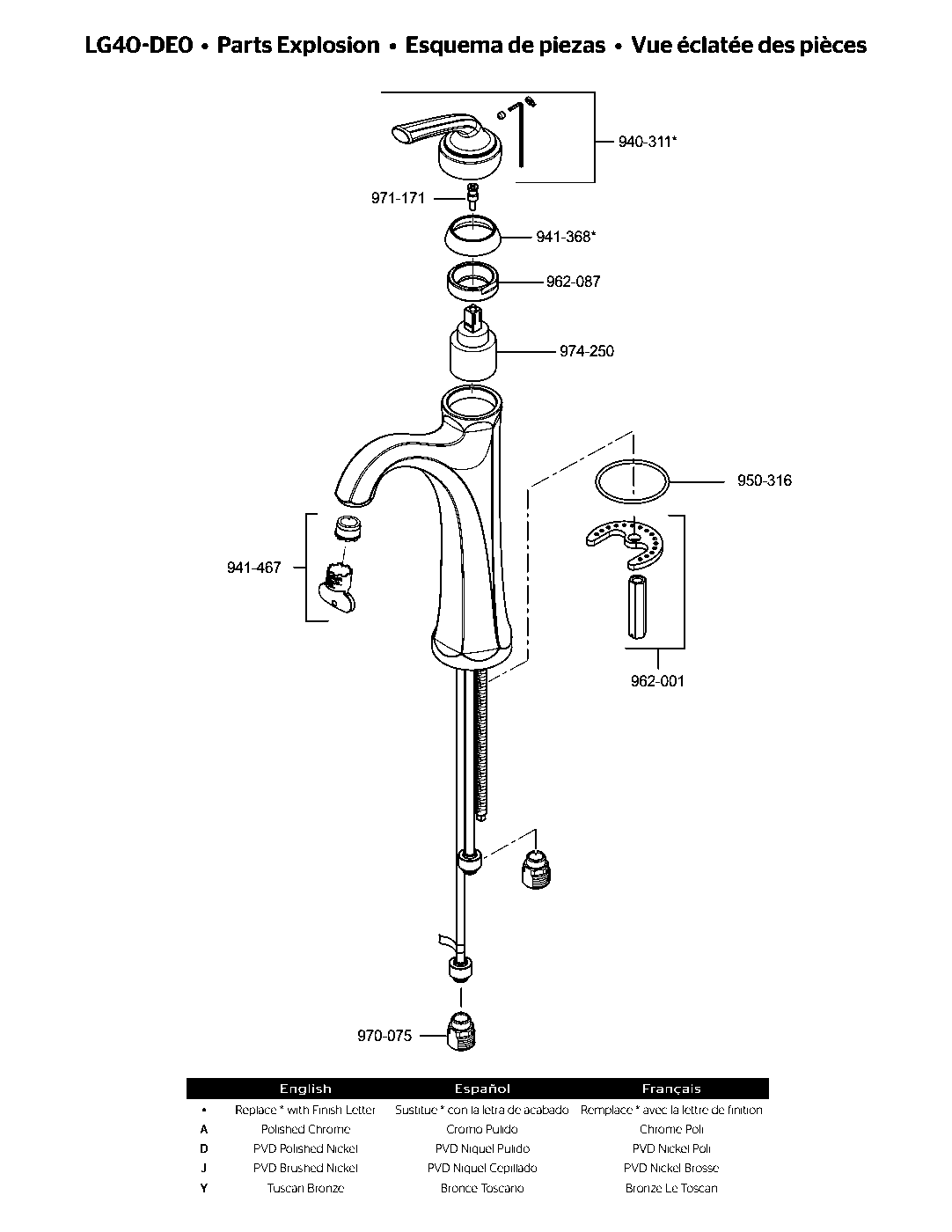Arterra Single Control Vessel Bathroom Faucet parts diagram