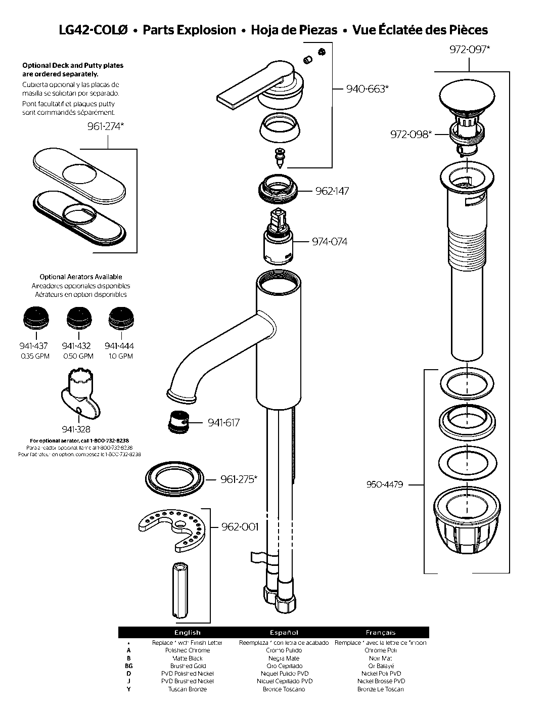 Colfax Single Control Bathroom Faucet exploded parts diagram