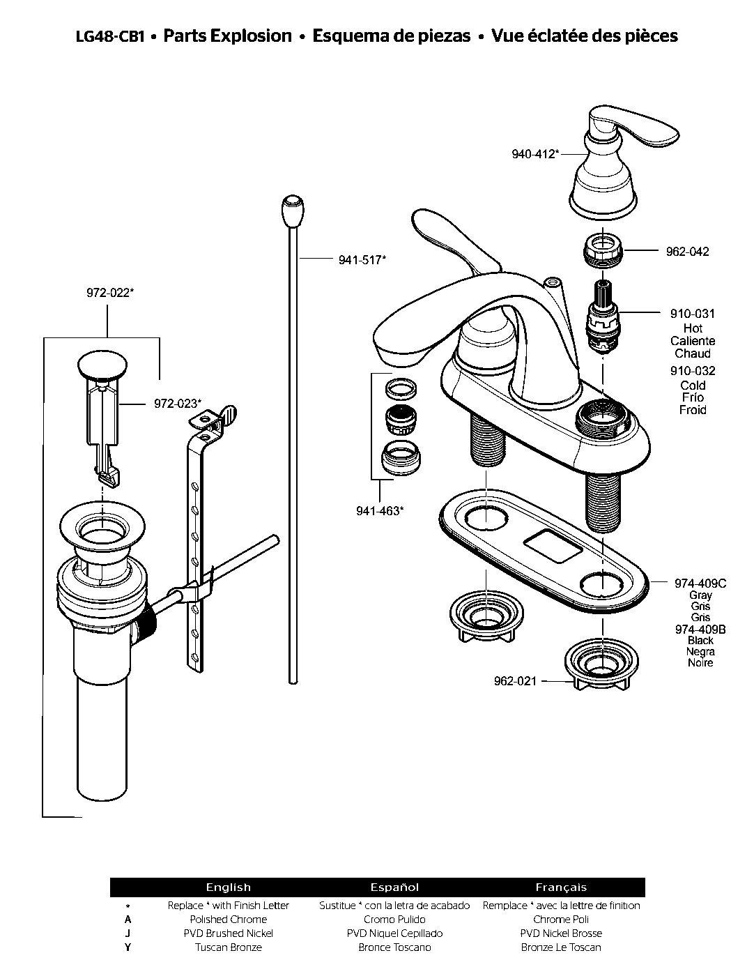 Avalon 2-Handle 4" Centerset Bathroom Faucet exploded parts diagram