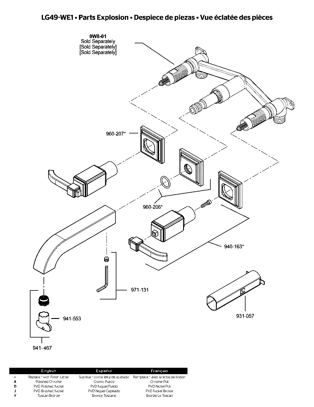 Carnegie 2-Handle Wall Mount Bathroom Faucet parts diagram