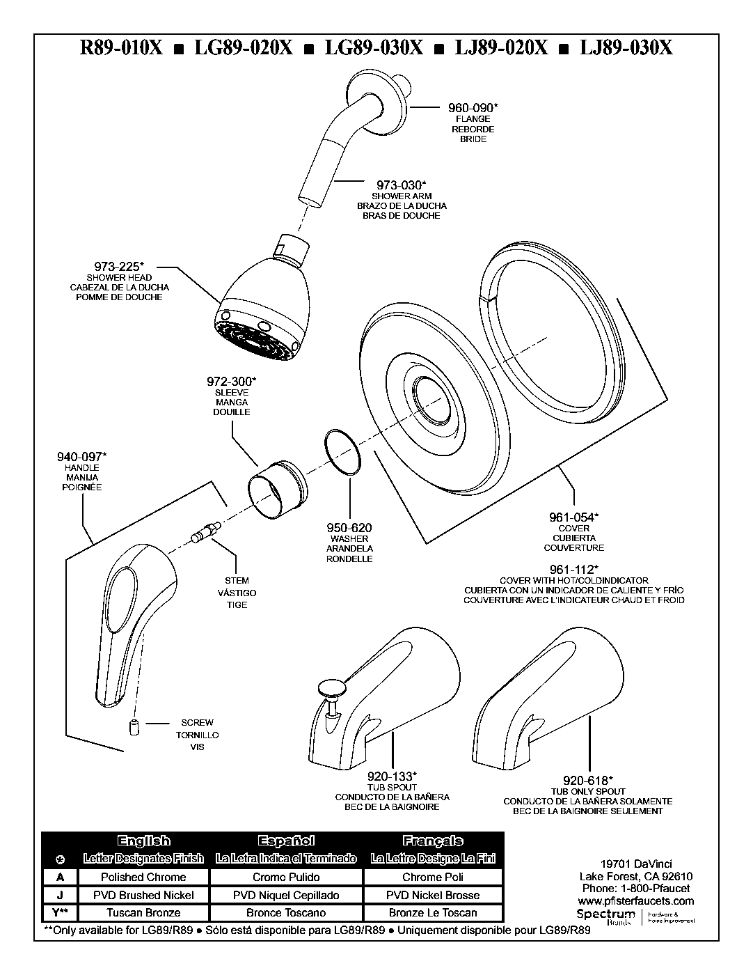 Pfirst Series 1-Handle Tub & Shower Trim Kit exploded parts diagram