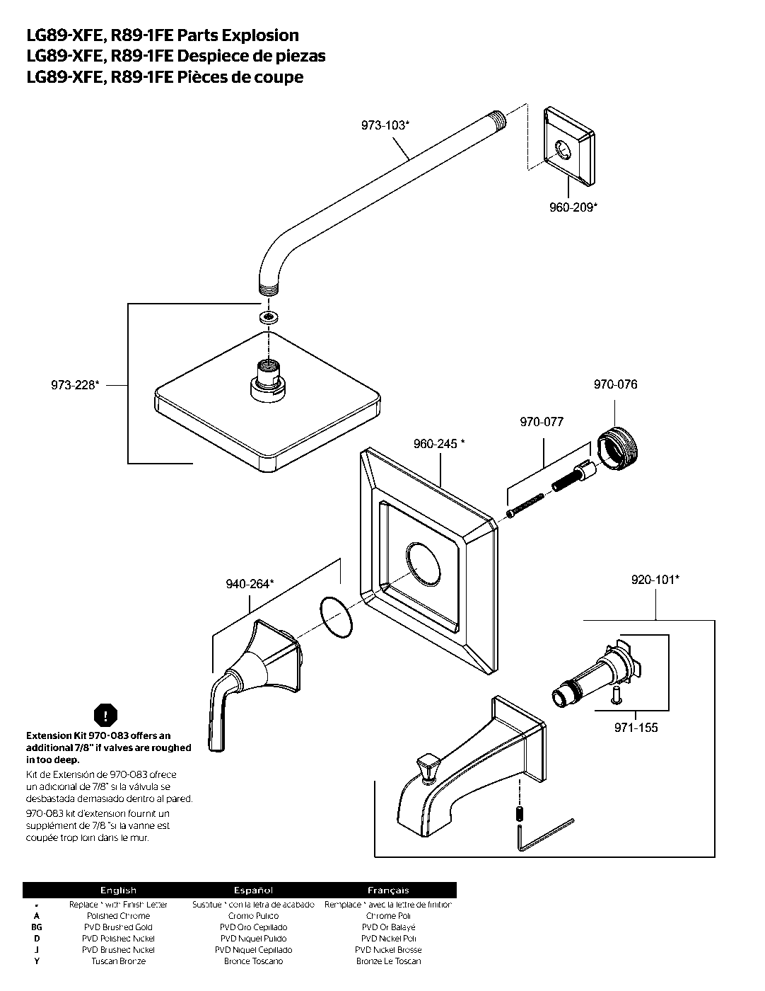 Park Avenue 1-Handle Tub & Shower Trim Kit exploded parts diagram