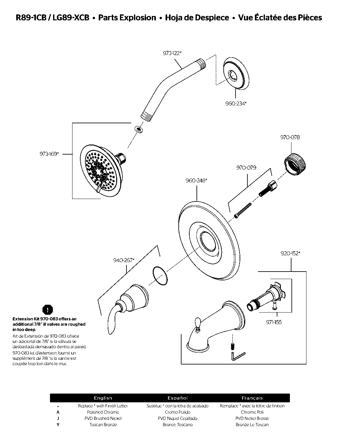 Avalon 1-Handle Tub & Shower Trim Kit exploded parts diagram