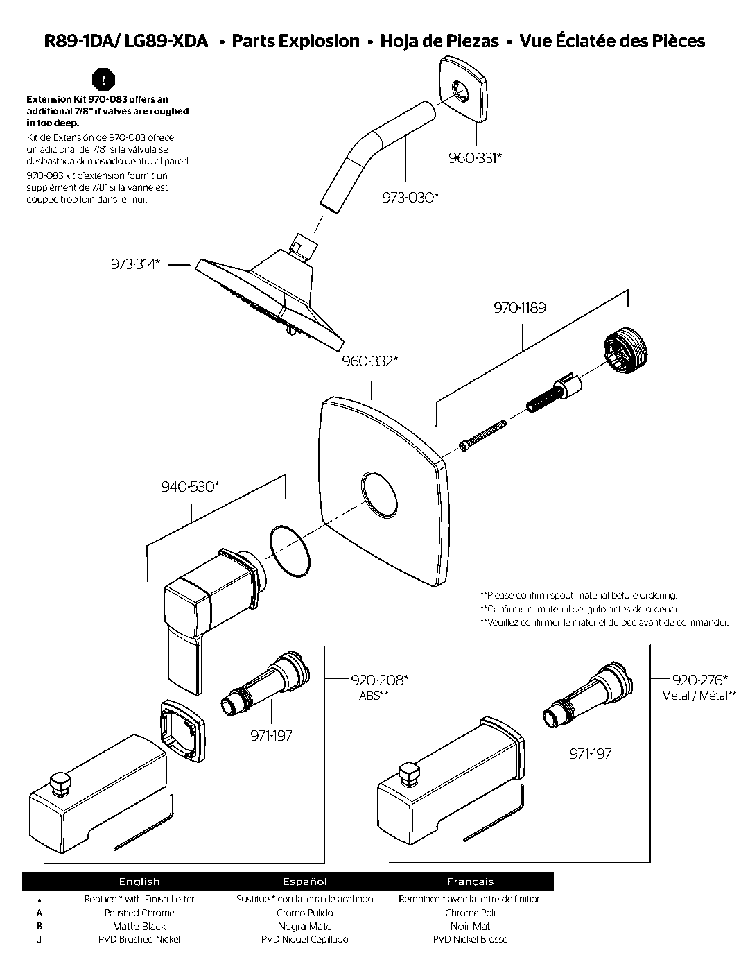 Deckard 1-Handle Tub & Shower Trim Kit exploded parts diagram