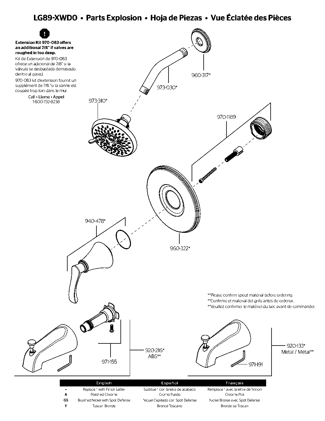 Woodbury 1-Handle Tub & Shower Trim Kit exploded parts diagram