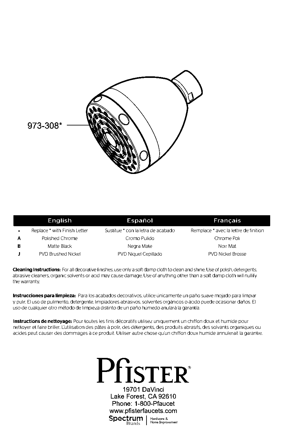Pfister Single Function Showerhead exploded parts diagram