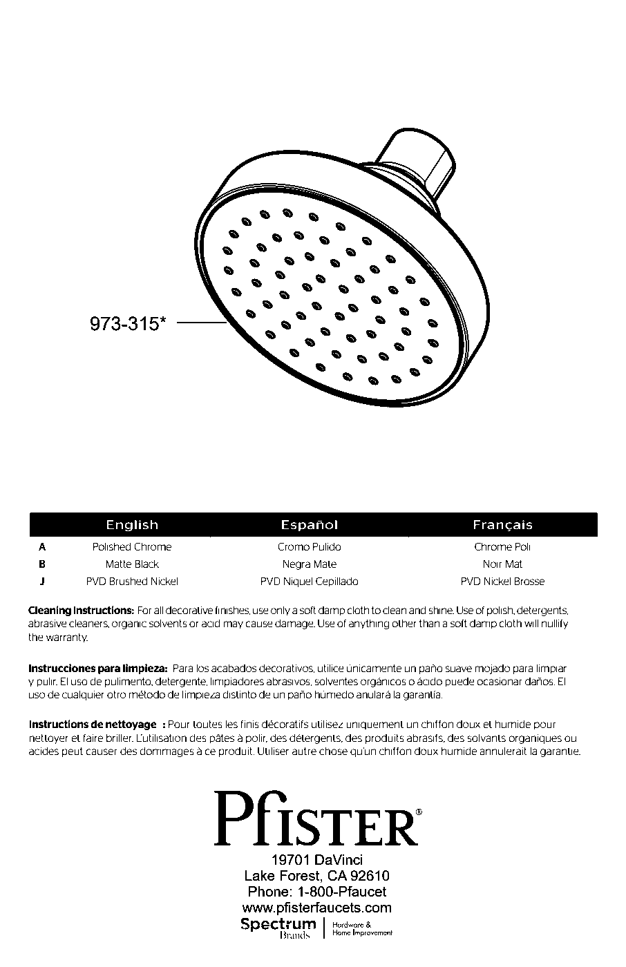 PFMF Brislin Raincan Showerhead exploded parts diagram