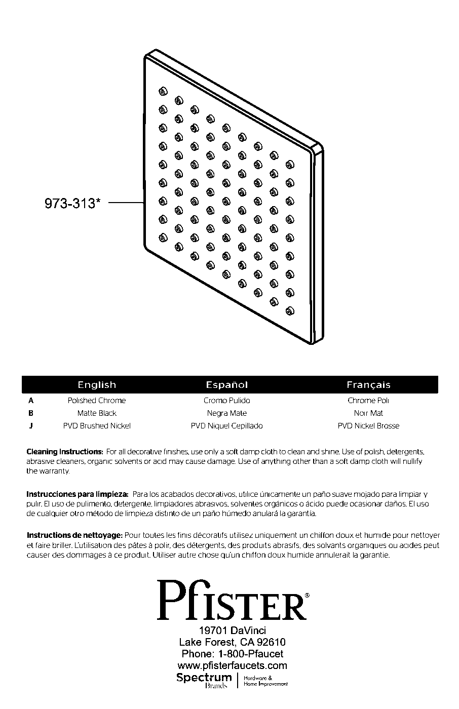 PFMF Bronson Showerhead exploded parts diagram