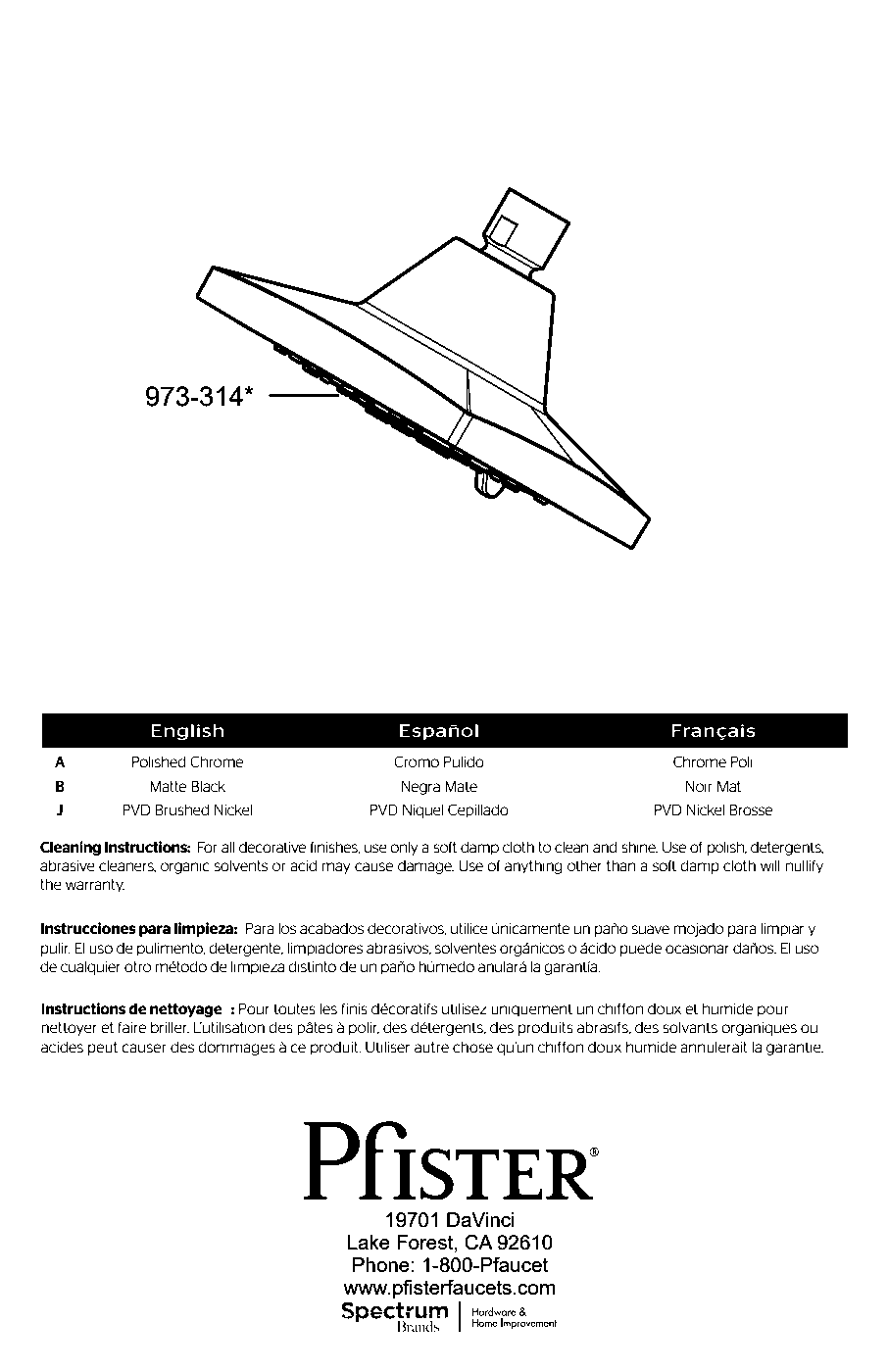 PFMF Deckard Showerhead exploded parts diagram