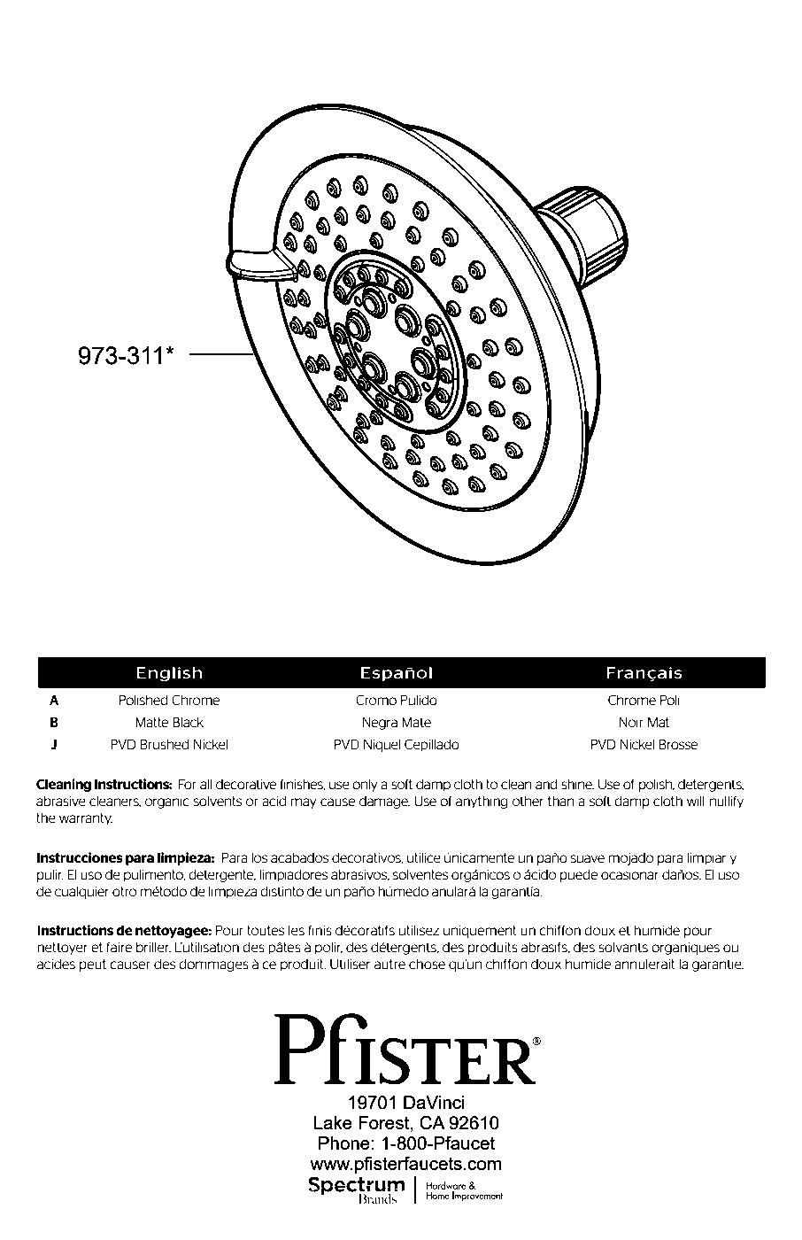 PFMF Northcott Showerhead exploded parts diagram