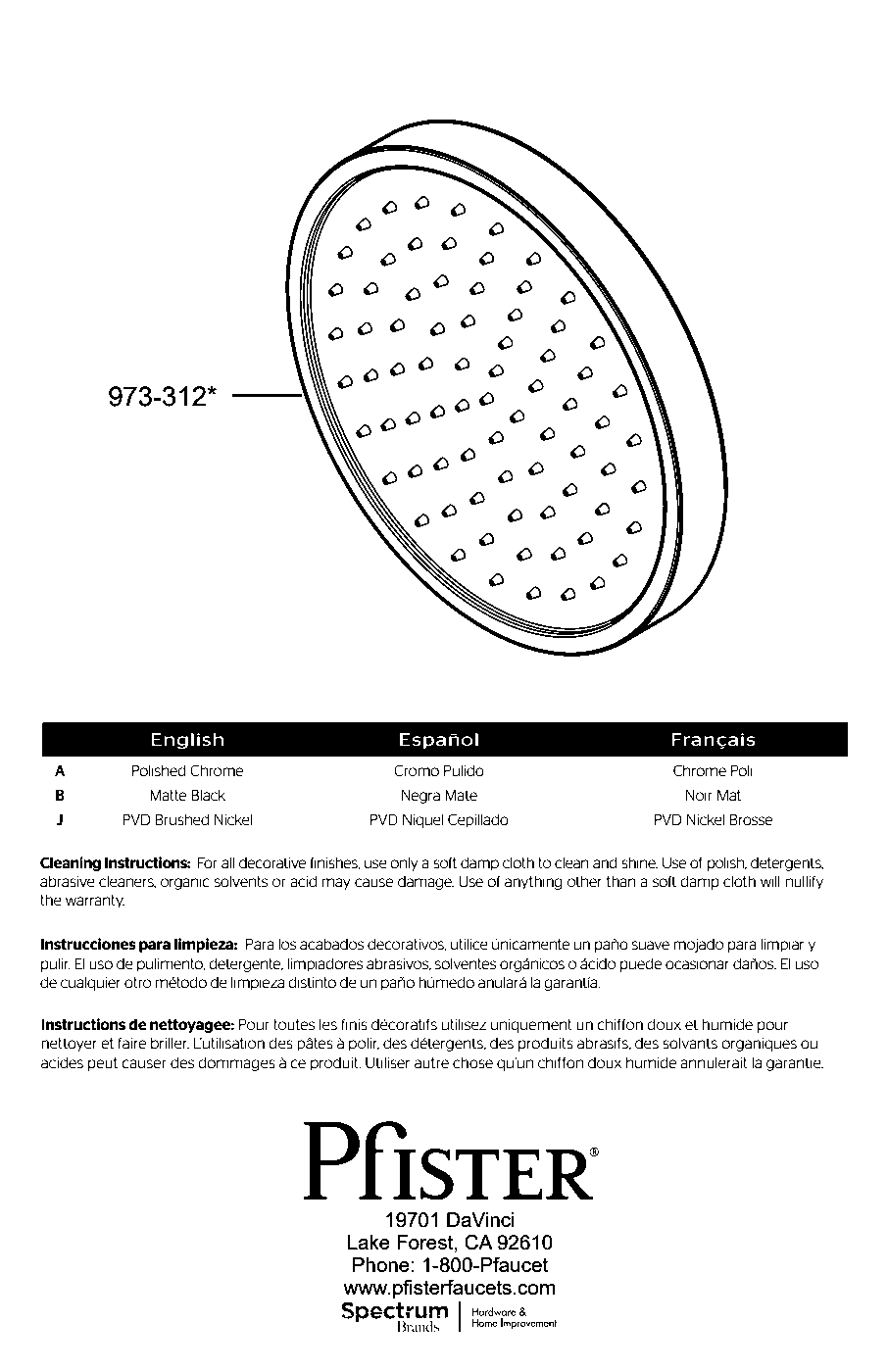 PFMF Single Function Raincan Showerhead exploded parts diagram
