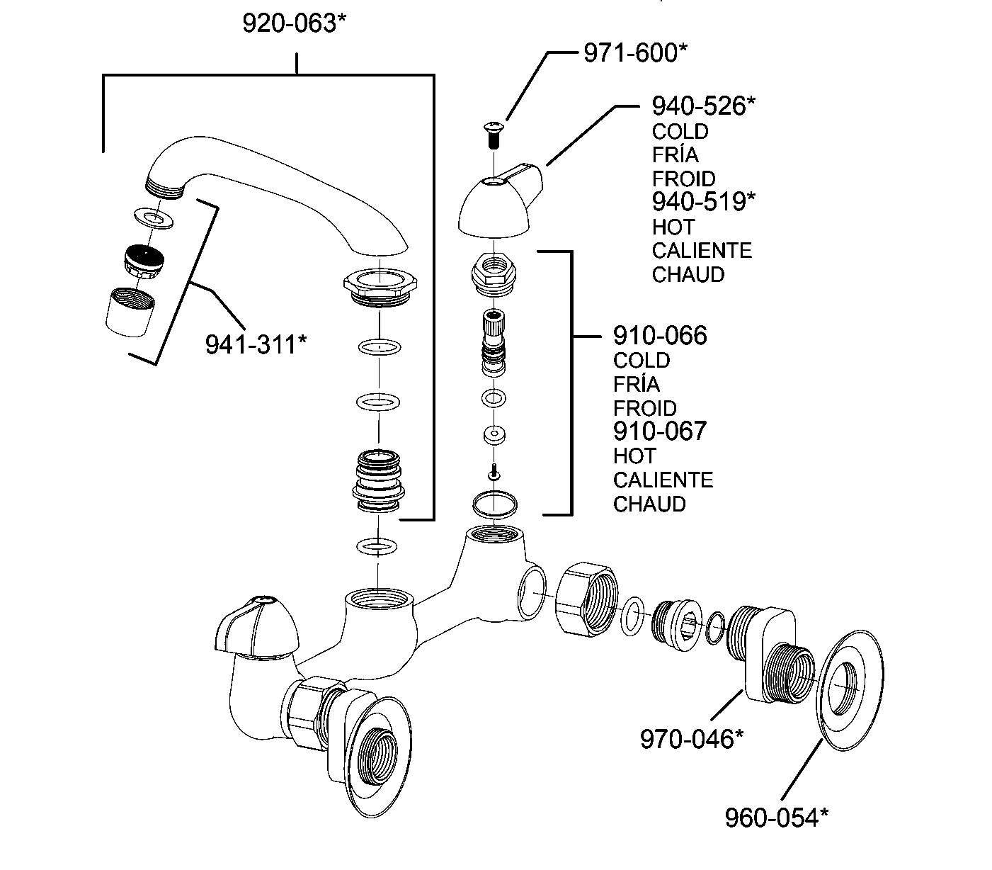 Pfirst Series 2-Handle Wall Mount Kitchen Faucet exploded parts diagram