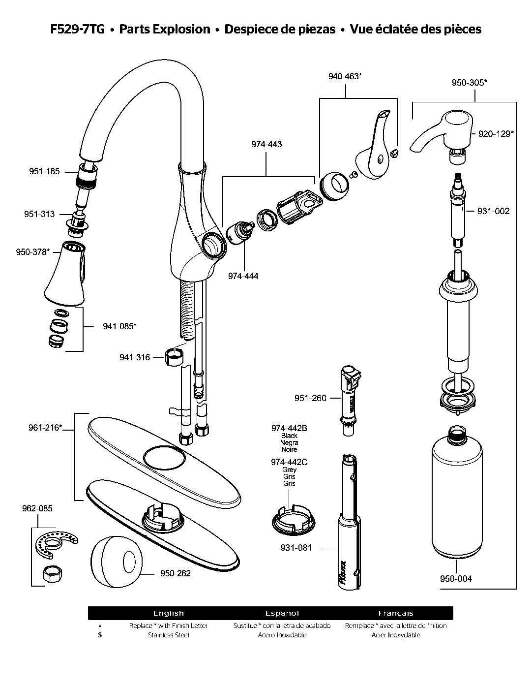 Tegley 1-Handle Pull-Down Kitchen Faucet parts diagram