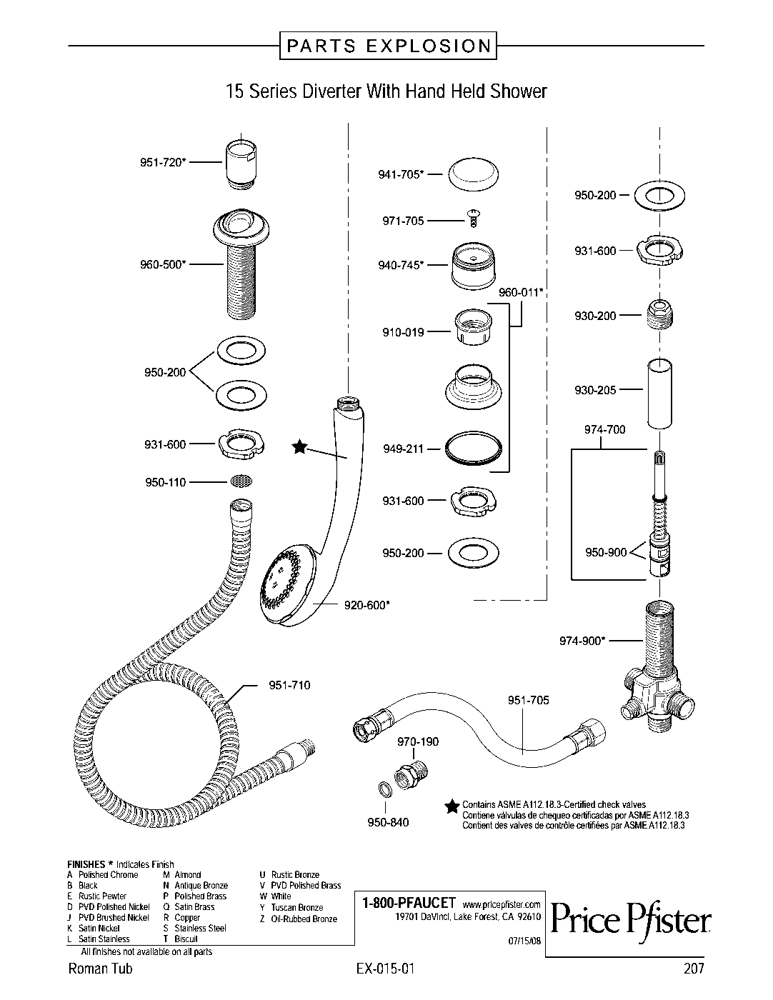 Pfister 2-Handle Roman Tub Trim Kit parts diagram