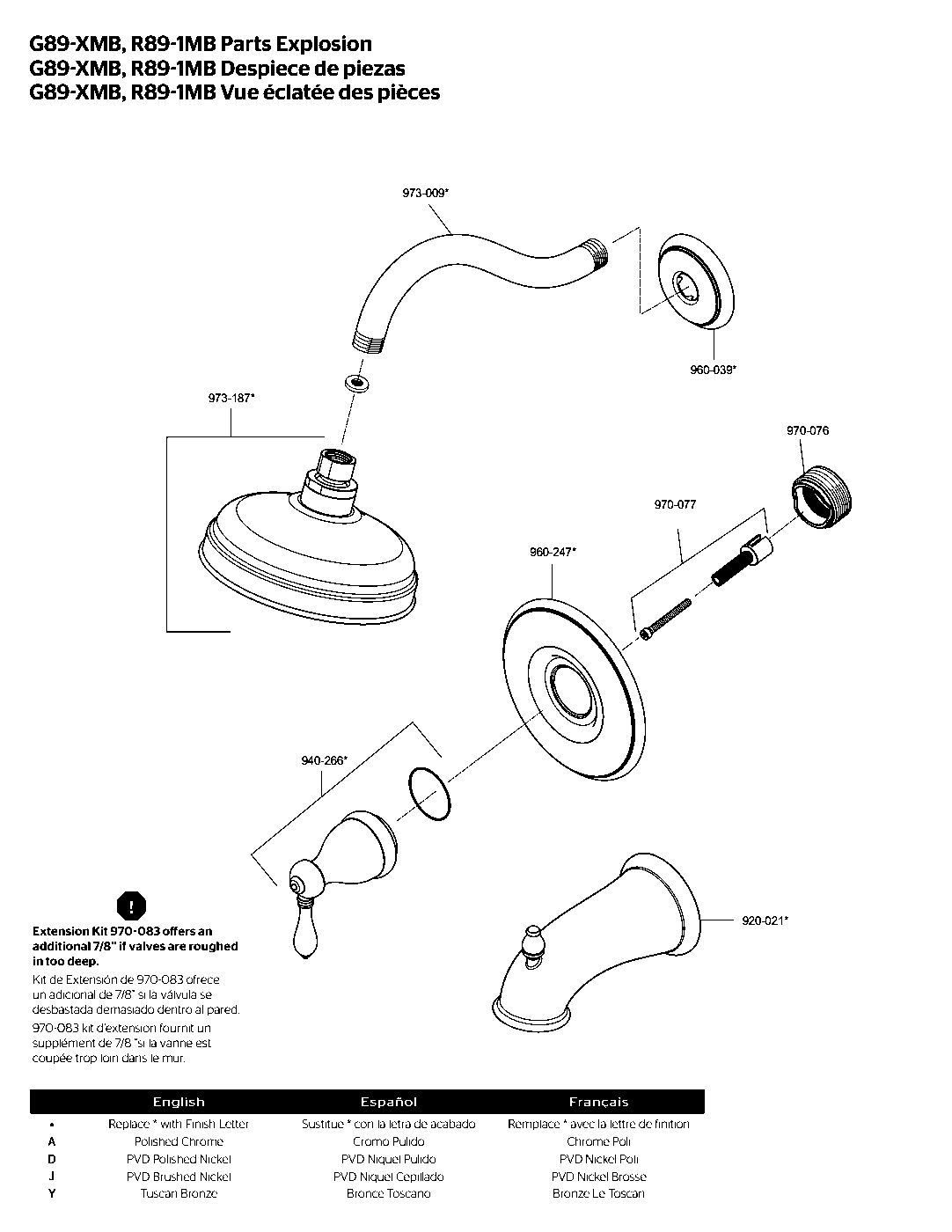 Marielle 1-Handle Tub & Shower Trim Kit parts diagram