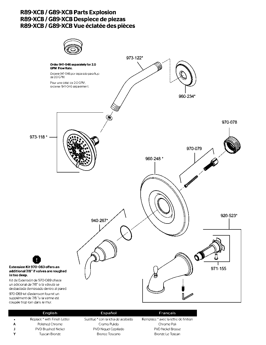 Avalon 1-Handle Tub & Shower Trim Kit parts diagram