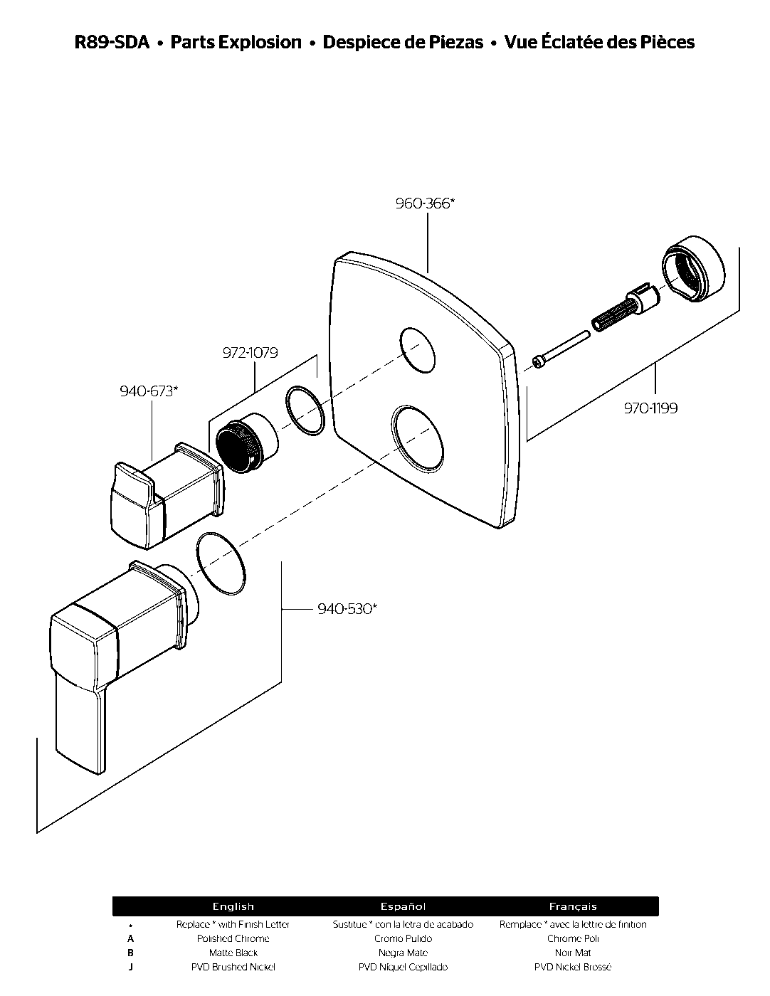 Deckard Stacked Diverter Trim Kit exploded parts diagram