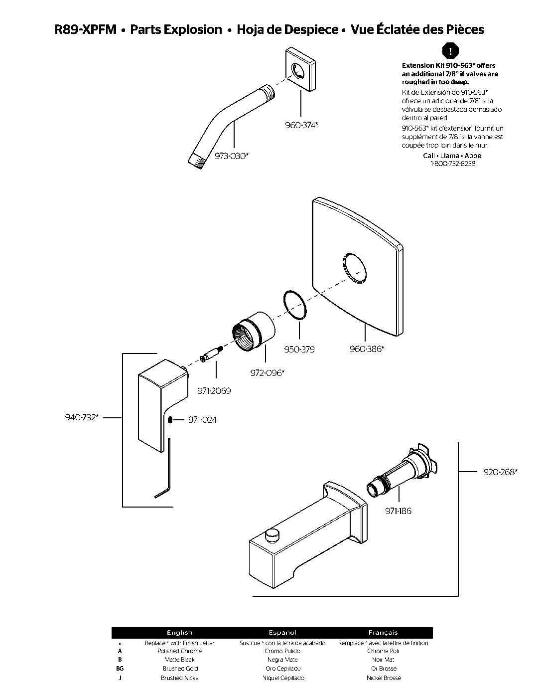 Pfirst Modern 1-Handle Tub & Shower Trim exploded parts diagram