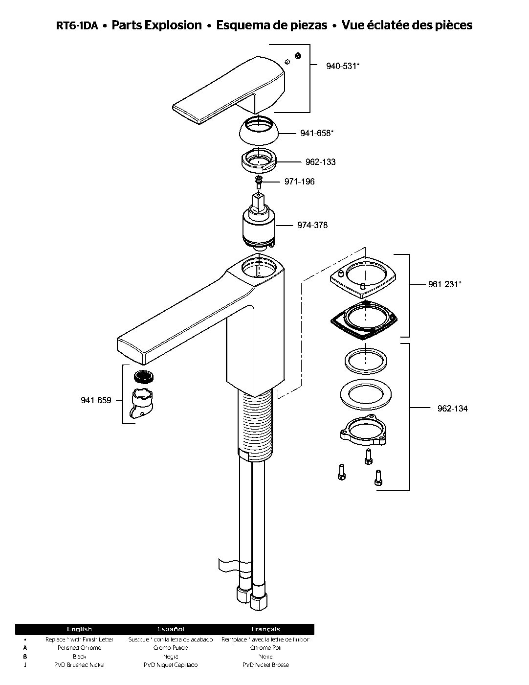 Deckard 1-Handle Roman Tub Trim Kit exploded parts diagram