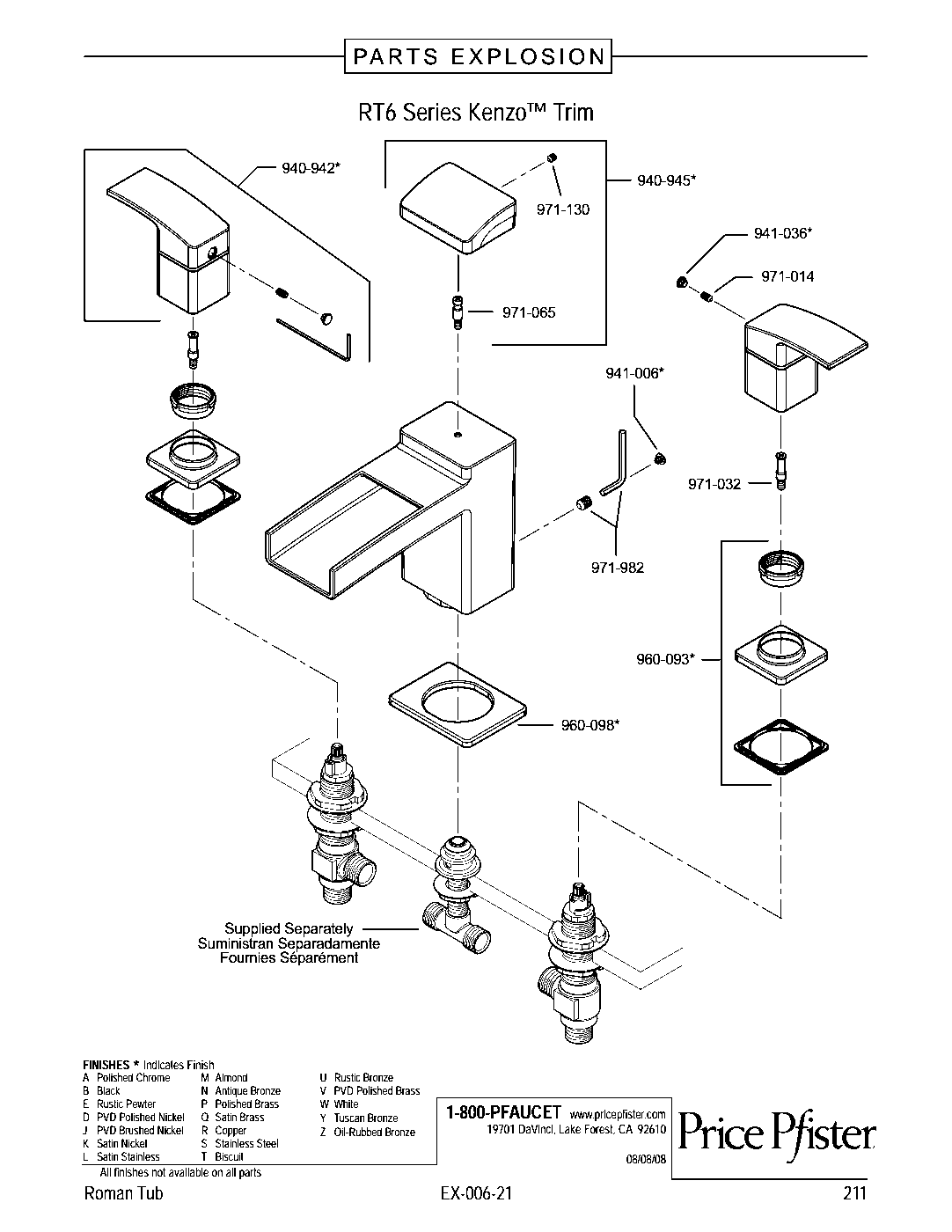 Kenzo 2-Handle Roman Tub Trim Kit parts diagram