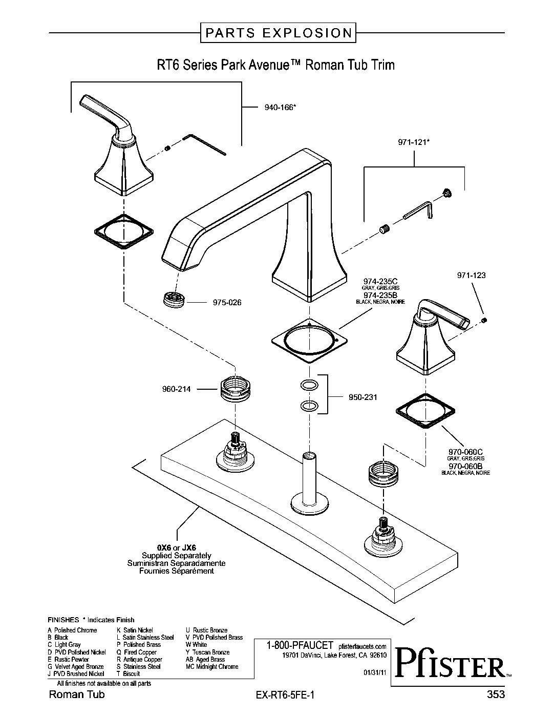 Park Avenue 2-Handle Roman Tub Trim Kit exploded parts diagram