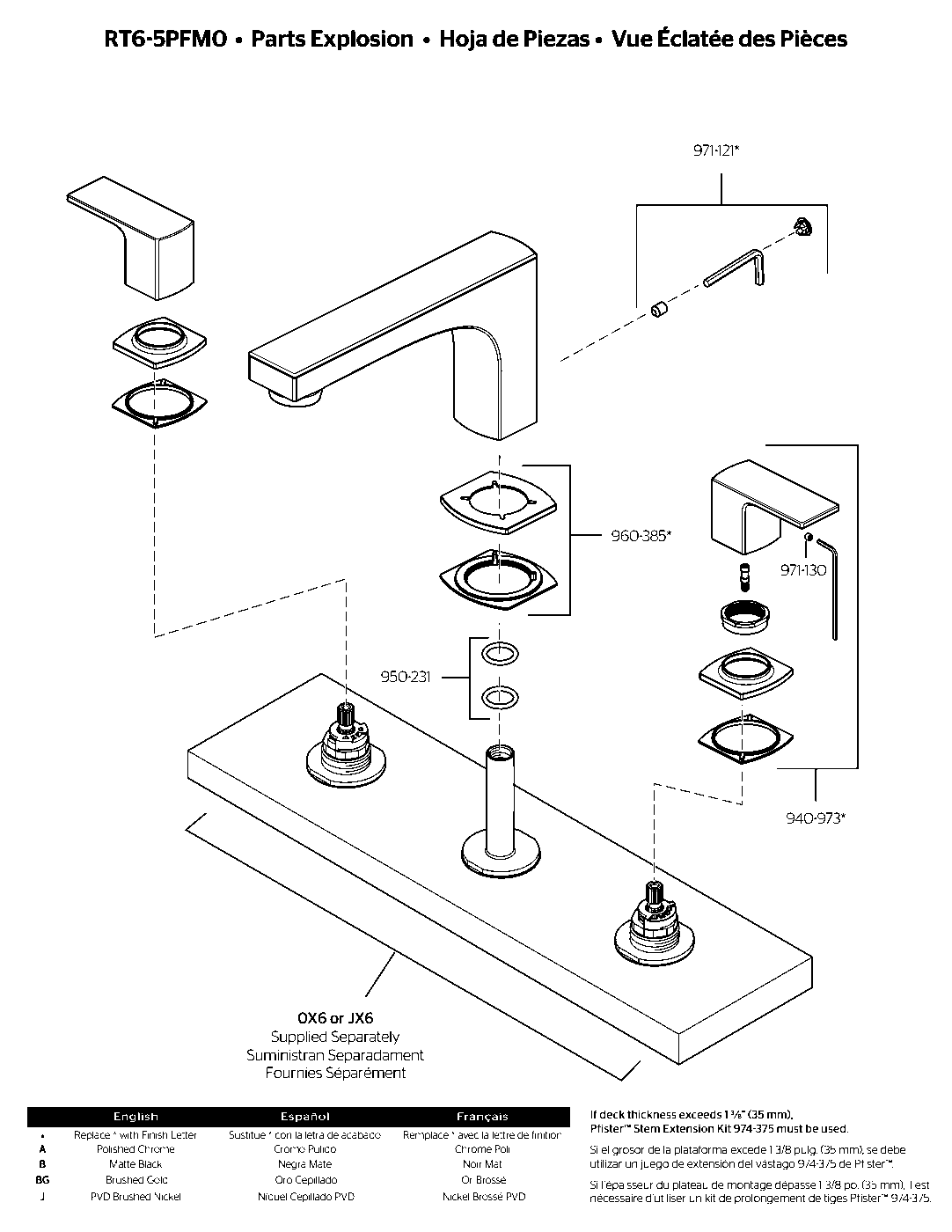 Pfirst Modern 2-Handle Roman Tub Trim exploded parts diagram