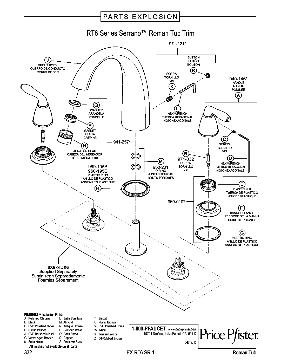 Serrano 2-Handle Roman Tub Trim Kit parts diagram