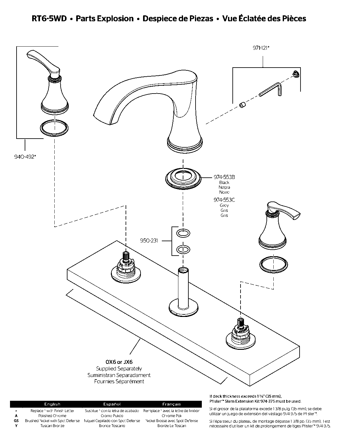 Woodbury 2-Handle Roman Tub Trim Kit exploded parts diagram