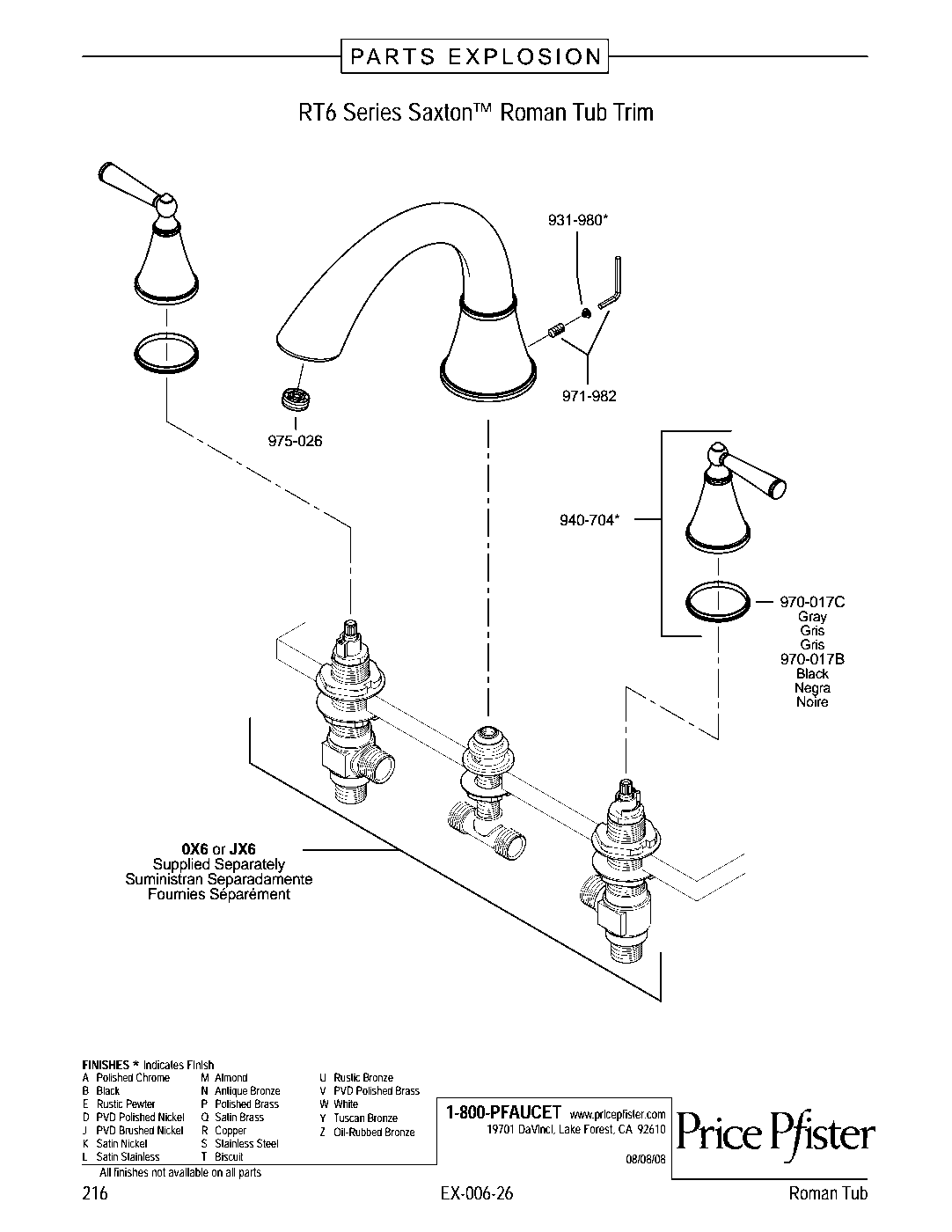 Saxton 2-Handle Roman Tub Trim Kit parts diagram