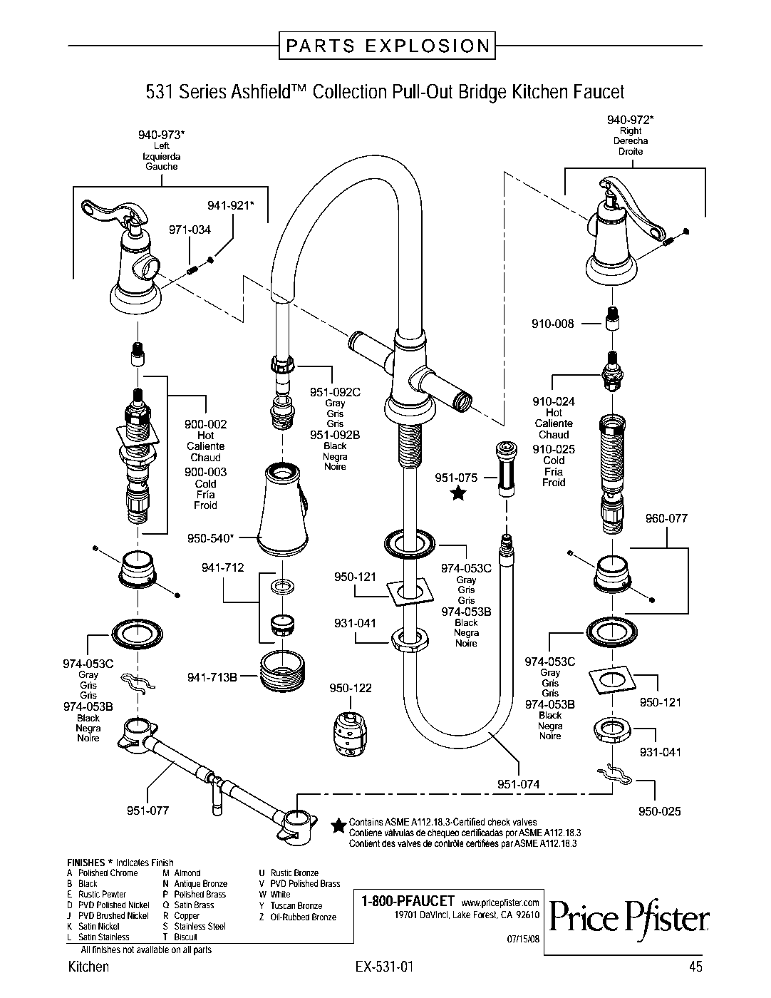 Ashfield 2-Handle Pull-Down Kitchen Faucet parts diagram