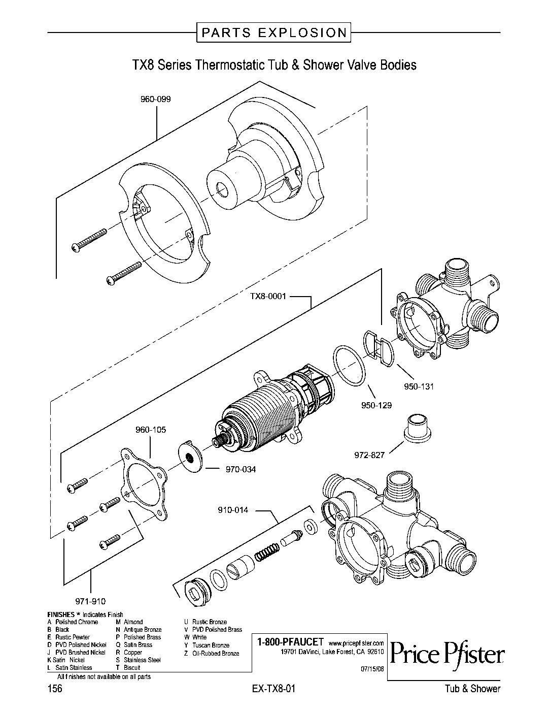 Pfister TX9 Thermostatic Valve exploded parts diagram