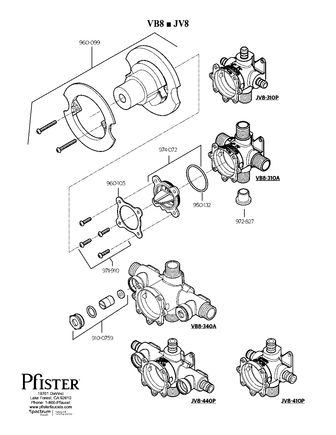 Pfister 0X8 Series Tub & Shower Rough-In Valve exploded parts diagram